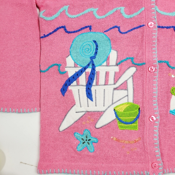 Quacker Factory Beach Summer Seashore Themed Pink Cardigan Sweater Medium - Picture 13 of 14